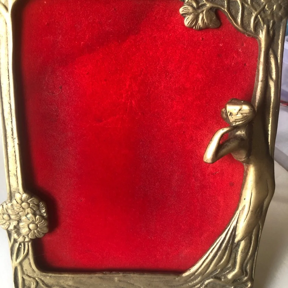Art Nouveau-Style Brass Women Picture Frame with Red Liner